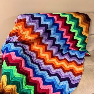 Crochet Rainbow Chevron Zig Zag Stripe Afghan Blanket Colorful Throw